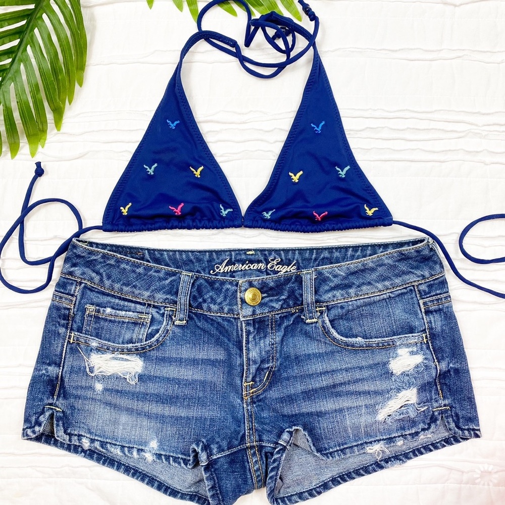 AE Logo Stitched Navy Tied Triangle Bikini Top, S
